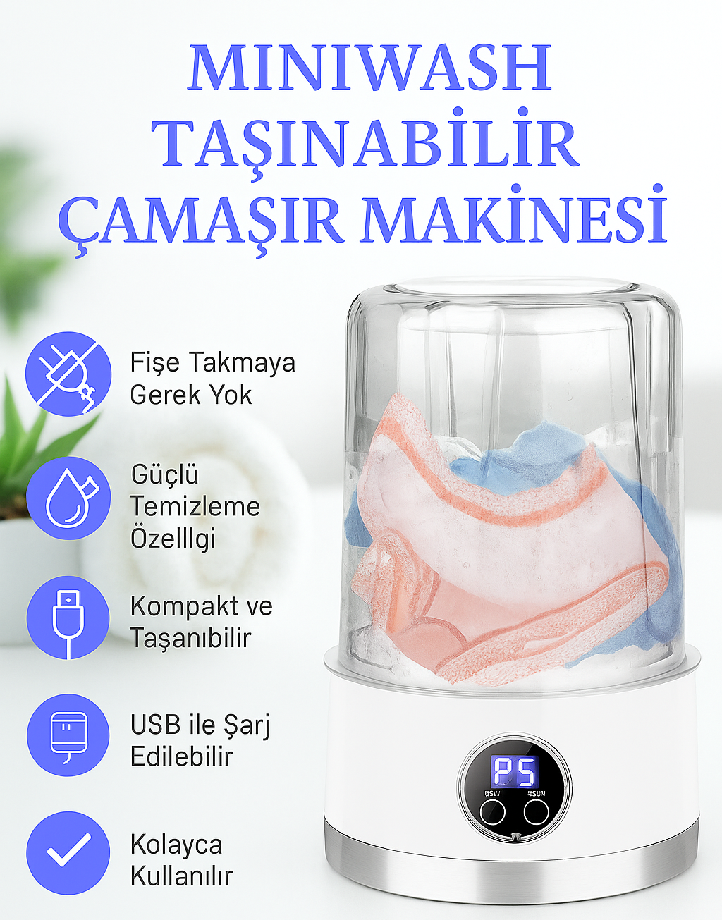 MiniWashᵀᴿ Taşınabilir Mini Çamaşır Makinesi (USB) — Küçük Evler, Kamp & Seyahat